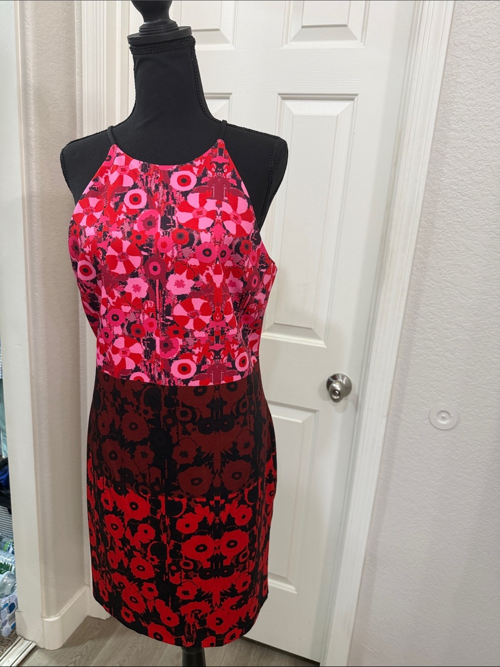 Badgley Mischka Pink and Red Floral Halter Sheath Dress - Picture 2 of 6